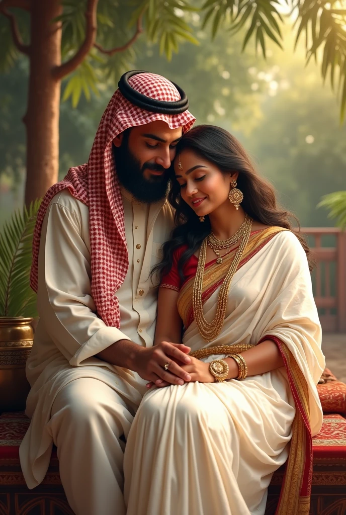  a beautiful and chubby 30 year old hindu mom from Kerala wearing white saree, decorated with bindi and jewelrys , she is sitting in the legg if a traditionally dressed tall and fat arab muslim man