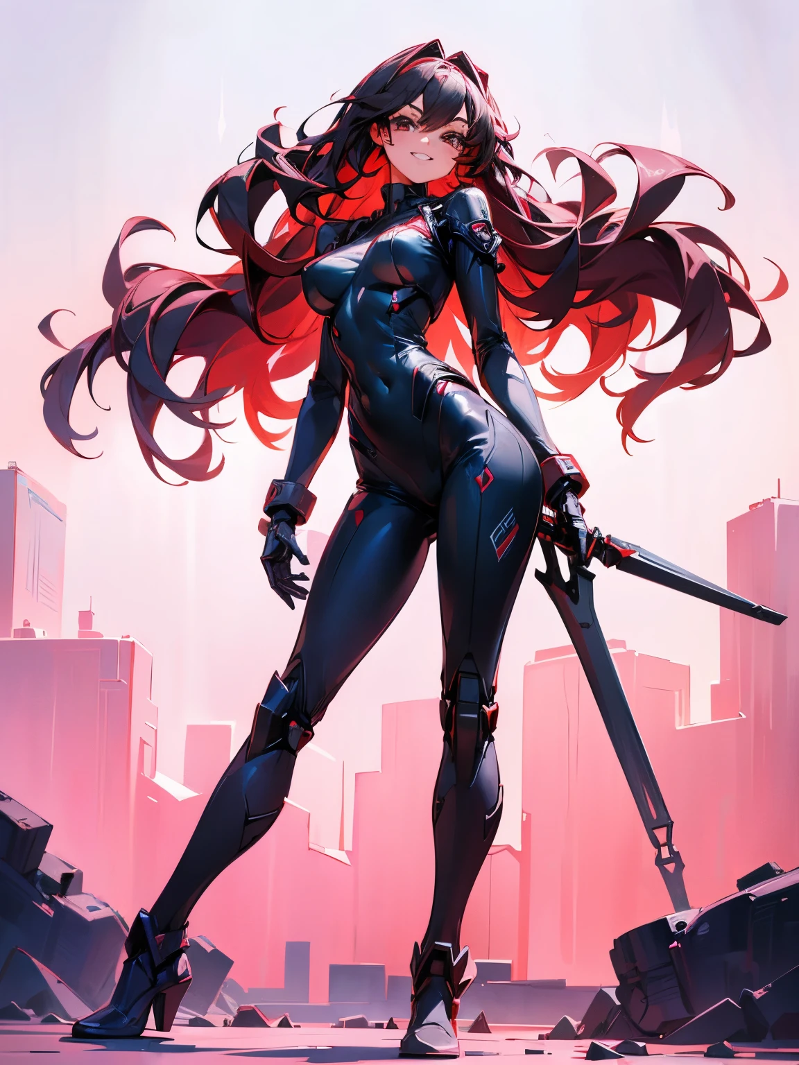 Very beautiful girl, 1, Exposed, Black tight leather slingshot suit, red and black boots, High leg, micro, Beautiful Hair, Delicate face, Beautiful Skin, Tight waist, Very beautiful breasts, View here, Grin, Standing in front of a sophisticated bipedal robot