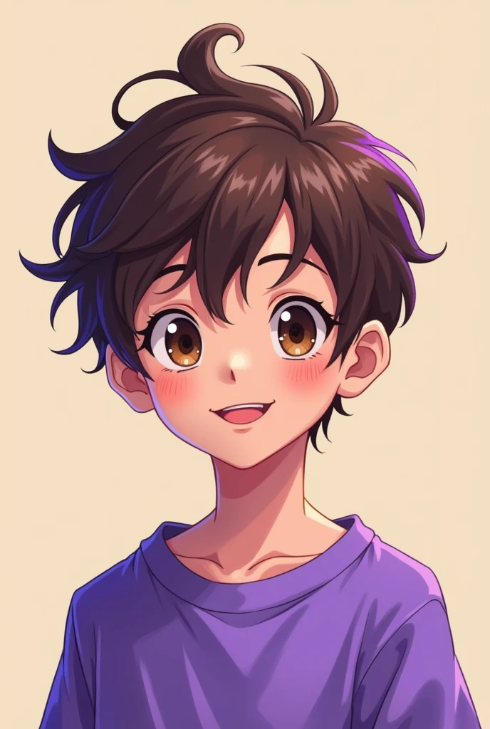  light skin anime boy, Brown eyes, short messy brown and purple hair, with a purple sweatshirt