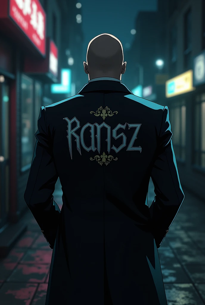 Anime mafia boss wearing a jacket with ransz written on it