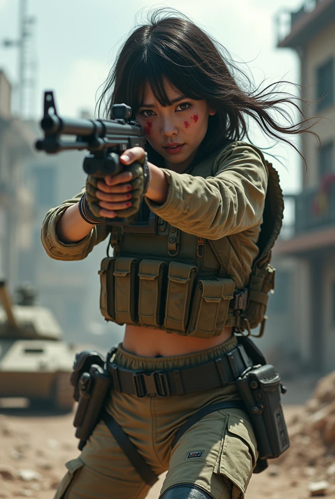 Photo-realistic, ultra-realistic, (very beautiful Japanese, famous Japanese idol:1.3), (Fully equipped for battle:1.5), holding m4a1 large assault rifle, (amazing view of A building and tank destroyed by a missile explosion:1), (she is very scared and crying:1), (wearing an army soldier's Camouflage outfits with military helmet:1.5), (at a battle field of Abandoned Building at night), very large breasts, (tactical vest, military harness:1.3), (military long boots:1), acrobatic pose, Fighting urban warfare, dynamic angle, spectacular, Nimble movements, Sharp turns, (aim and shoot:1.3), bloodstained wears, injured