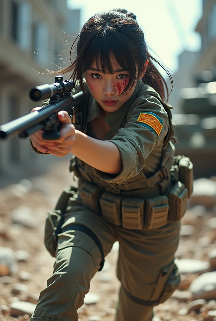 Photo-realistic, ultra-realistic, (very beautiful Japanese, famous Japanese idol:1.3), (Fully equipped for battle:1.5), holding m4a1 large assault rifle, (amazing view of A building and tank destroyed by a missile explosion:1), (she is very scared and crying:1), (wearing an army soldier's Camouflage outfits with military helmet:1.5), (at a battle field of Abandoned Building at night), very large breasts, (tactical vest, military harness:1.3), (military long boots:1), acrobatic pose, Fighting urban warfare, dynamic angle, spectacular, Nimble movements, Sharp turns, (aim and shoot:1.3), bloodstained wears, injured