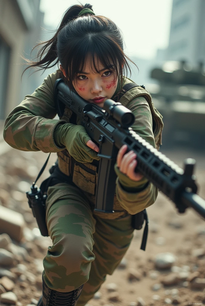 Photo-realistic, ultra-realistic, (very beautiful Japanese, famous Japanese idol:1.3), (Fully equipped for battle:1.5), holding m4a1 large assault rifle, (amazing view of A building and tank destroyed by a missile explosion:1), (she is very scared and crying:1), (wearing an army soldier's Camouflage outfits with military helmet:1.5), (at a battle field of Abandoned Building at night), very large breasts, (tactical vest, military harness:1.3), (military long boots:1), acrobatic pose, Fighting urban warfare, dynamic angle, spectacular, Nimble movements, Sharp turns, (aim and shoot:1.3), bloodstained wears, injured