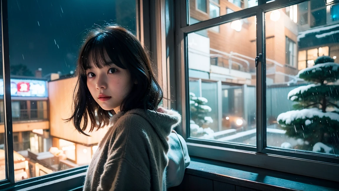 girl, rain, window, night, lofi, winter, ghibli