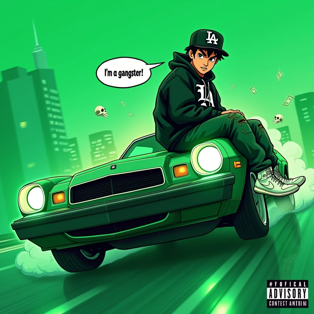 Image of a man sitting on the bonnet of a car, Yoshihiko Wada's album cover, winner of the behance contest, Doodle, official artwork, rap album cover, hip - hop album art cover, colored album art, hip hop music album cover, rap album cover art, official fanart, GTA Cover, hip hop album cover, album art cover, Cartoon character, oriental boy, Running car, Green background, green tea, Deep pressed black LA ball cap, white nike shoes, Black LA Hoodie, Baggy jeans worn down, black neighborhood, Skull, drug, The city seen from behind, korean, white smoke, Headlight light, Troublemakers, Bad boy, A lot of money flying around, Write I'm a gangster like a character speech bubble, mischievous expression
