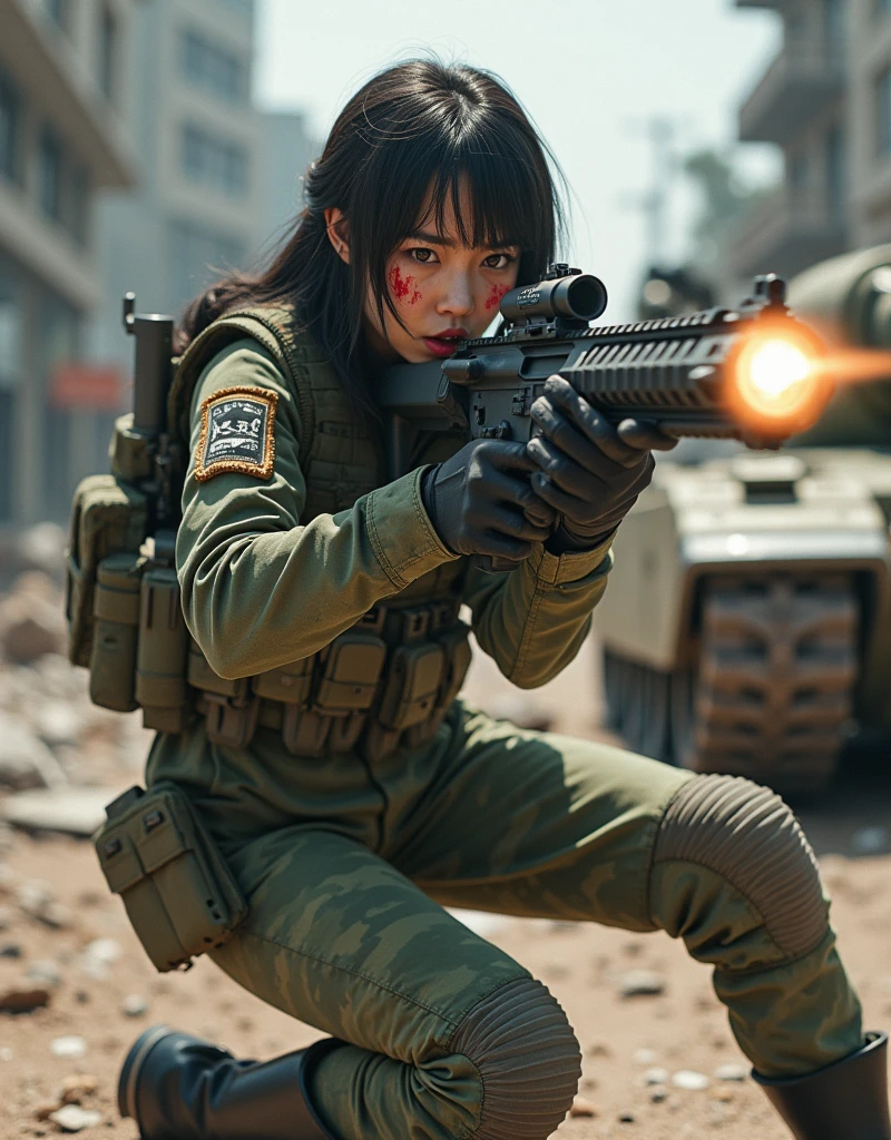 Photo-realistic, ultra-realistic, (very beautiful Japanese, famous Japanese idol:1.3), (Fully equipped for battle:1.5), holding m4a1 large assault rifle, (amazing view of A building and tank destroyed by a missile explosion:1), (she is very scared and crying:1), (wearing an army soldier's Camouflage outfits with military helmet:1.5), (at a battle field of Abandoned Building at night), very large breasts, (tactical vest, military harness:1.3), (military long boots:1), acrobatic pose, Fighting urban warfare, dynamic angle, spectacular, Nimble movements, Sharp turns, (aim and shoot:1.3), bloodstained wears, injured