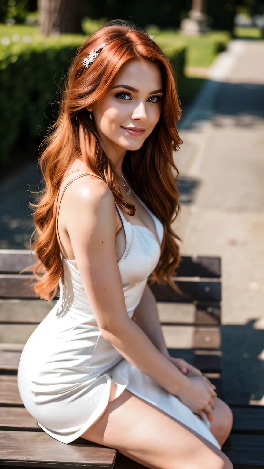 Realistic full body photo of a smiling redhead with long hair, She dances in front of the camera in an A-line dress with straps made of shiny black satin, Park,glamour fotoshooting, Wedding celebration, perfect anatomy, perfect green eyes. Perfect hands with 5 fingers on each hand, Matching girl, look into the camera, 1 Frau. (Eye make up:1.1), (highly detailed skin:1.1), spirit, analog style, keen focus, 8K  UHD, dslr, good quality, Fujifilm XT3, Grain, Award-winning, ​masterpiece. Wedding celebration. She sits on a bench and shows her beautiful legs. Beautiful shoes