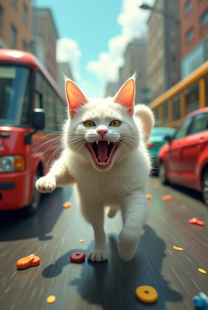 ((best quality)), ((masterpiece)), (detailed),IP,white crazy cat run in traffic jam,,Zipper mouth,; on the belly,Image,cute,