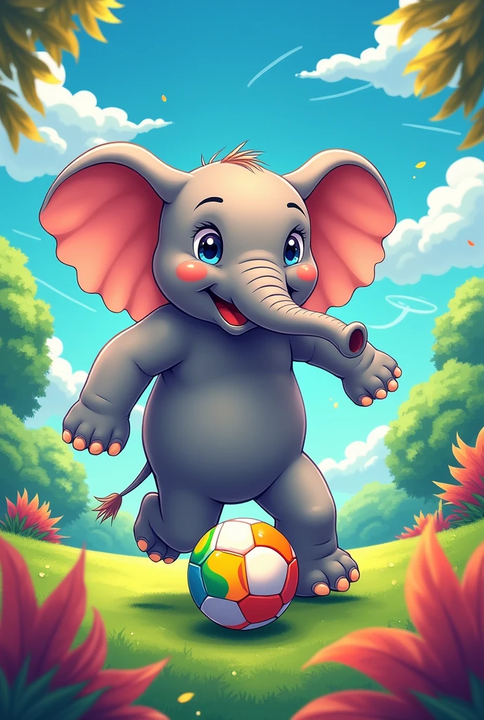 Create a 45 degree portrait of an elephant  playing soccer in a cute anime vibrant color-drawing style,