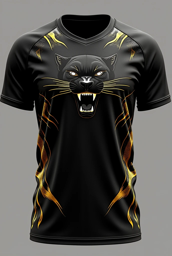 Volleyball jersey in black colour design with golden colour and Panther in Brinjal