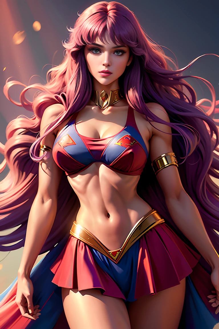 beautiful lighting,best quality,absurdrez,master part,ultra highres,photorrealistic, sexy model pose, fotografia de fully body,delicate elegance,fully body, 1 girl, Kido_saori,(usando cosplay da Supergirl, red cloak, S for Superman on chest, blue swimsuit, Red skirt, red boots)