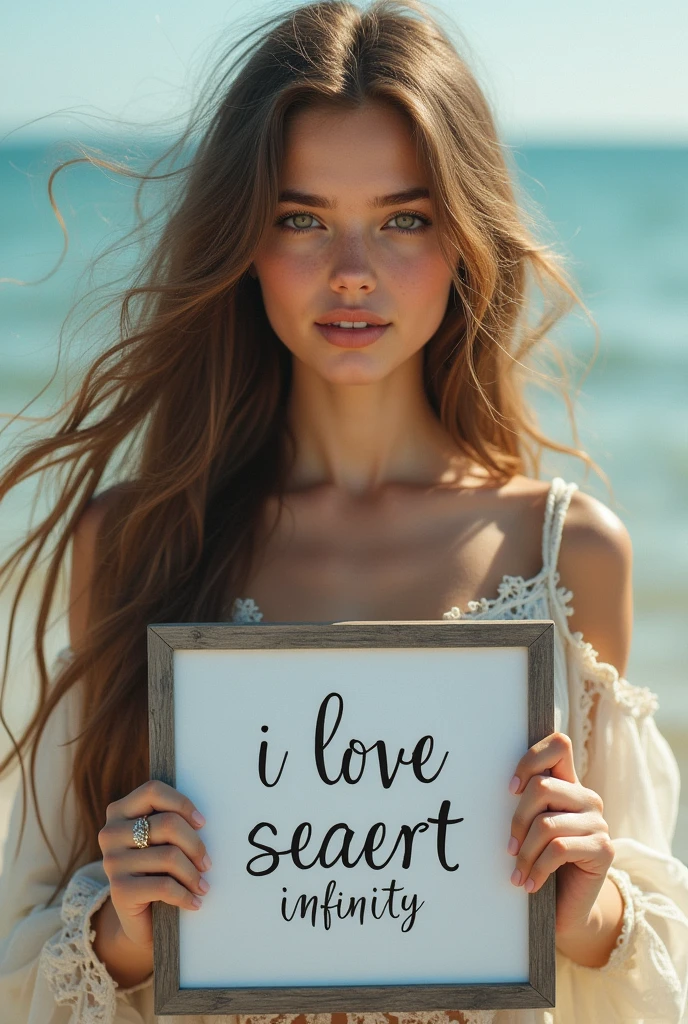 Beautiful girl with wavy long hair, bohemian dress, holding a white board with text "I Love Seaart Infinity" and showing it to the viewer