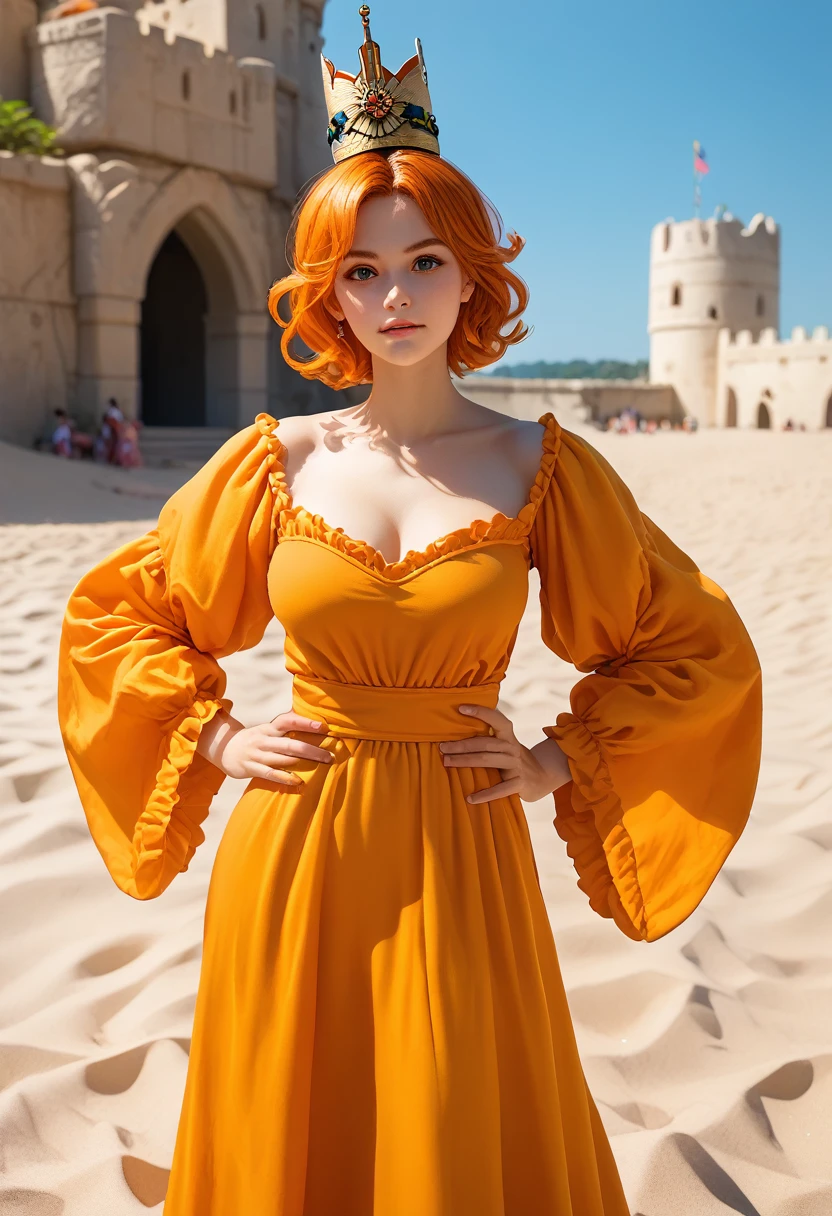 masterpiece, Best quality, One, 1 girl, orange hair, blue hair, :D, Orange dress, I look at the viewer, on open air, sand, sand dunes, A huge castle, crown, standing, whole body, cowboy shot, Hands on hips, 