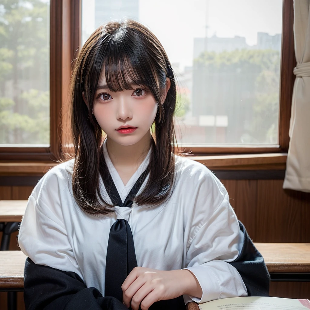 Highest quality,Long black hair with neatly trimmed bangs,Young woman with large eyes and reddish cheeks,She is wearing a Japanese uniform with a blue ribbon tied around her neck.,Classroom-like background,Natural light pours in through the window and books are visible on the shelves in the background.,A slightly dissatisfied, pouting expression,A realistic yet slightly deformed style,The color is light and the skin tone is soft and pale.