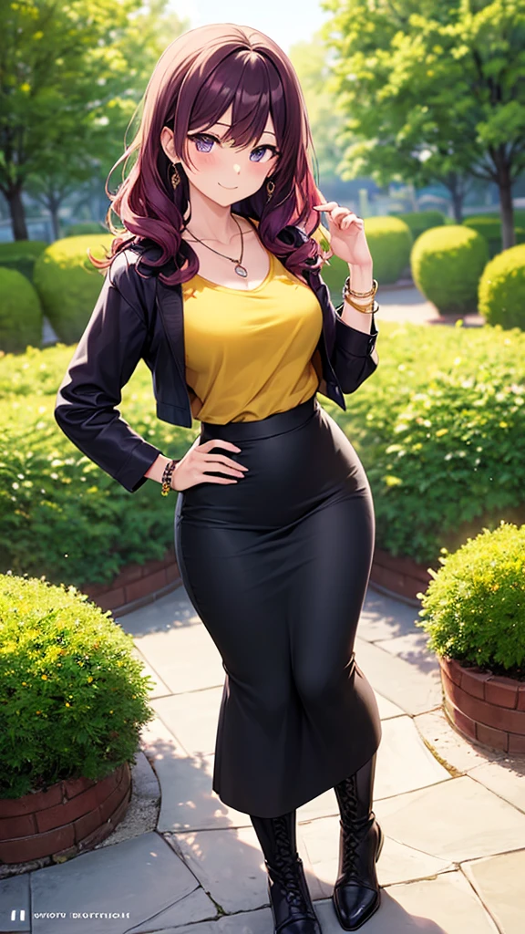 masterpiece, best quality, 1girl, beautiful woman with wavy hair, medium hair, (dark red purple hair), hair curls, messy hair, average bust, (wearing yellow t-shirt and long black pencil skirt), long sleeves, fitting shirt, tight clothes, long skirt:1.3, boots, collarbone, necklace, earrings, bracelet, summer, garden, looking at viewer, full body, light smile, full-face blush, hand on own hip,