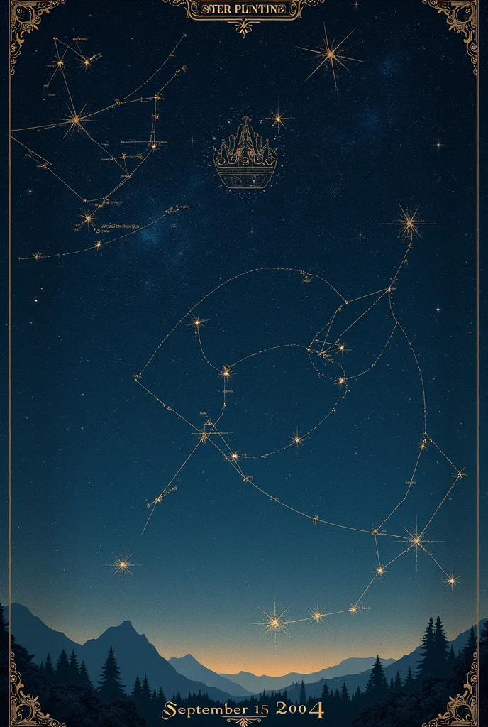 Generate a star /sky constellation map of 15 sep 2004 aesthetic and elegant (printable)
Giving of artistic slightly vintage vibe
Detailed with readable font 

