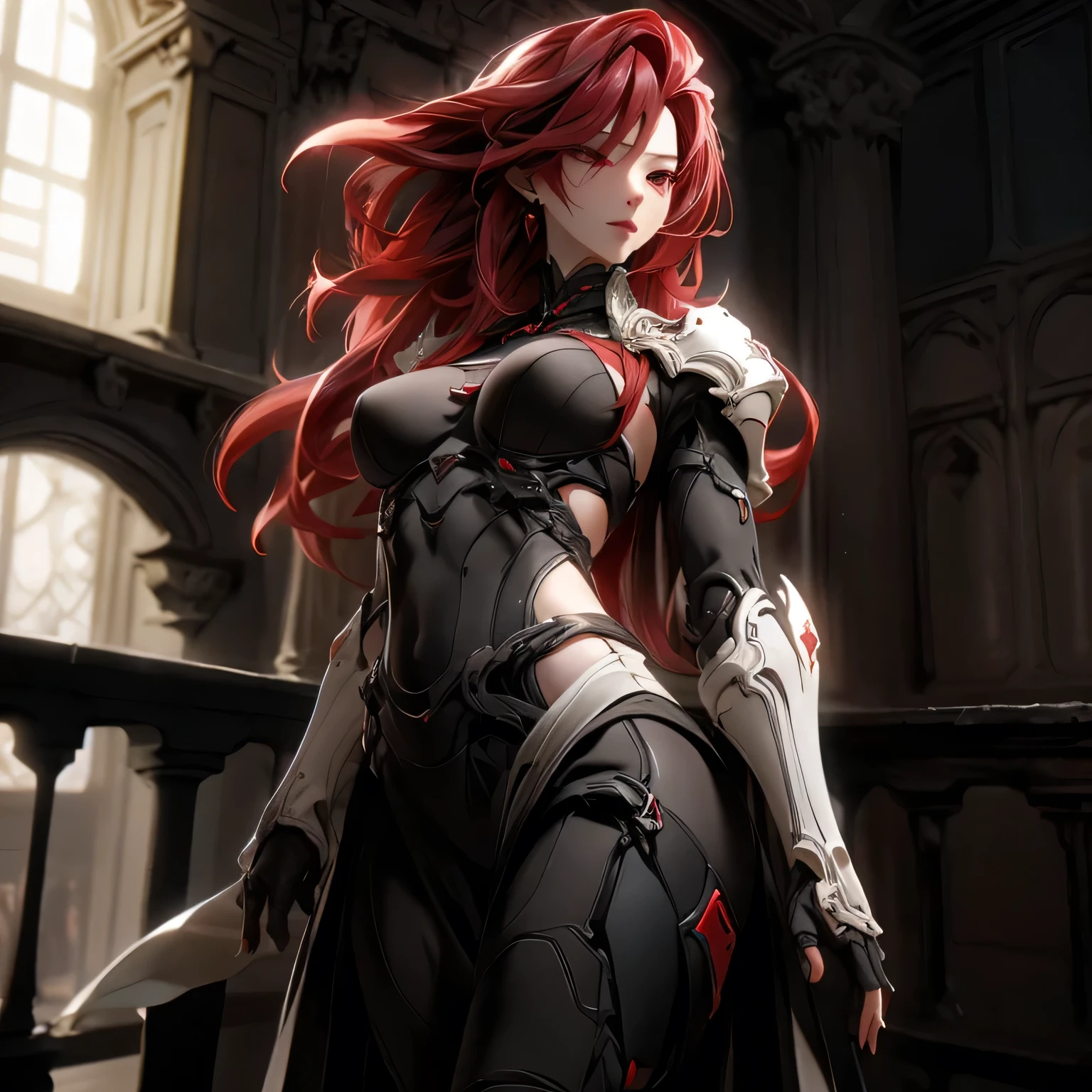 (best quality)), ((Masterpiece)), (details:1.4), 3d, HDR (high dynamic range), an image of a beautiful cyberpunk female, Red hair, Long hair, Sleek style Red eyes, hips up, จมูกโด่ง, ปากแดง, หน้าอกใหญ่, nvidia RTX, PBR surface, After processing, Anisotropic filtration,depth of field, Maximum clarity and clarity, multi-layered surface, Subsurface scattering, perfect proportions, 8K raw files, ultra detailed, Perfect proportions, volumetric lighting, soft lighting, Holy Paladin, Light black Armor, glossy skin, castle background, jewely, ต่างหู, นิ้วมือสมบูรณ์,