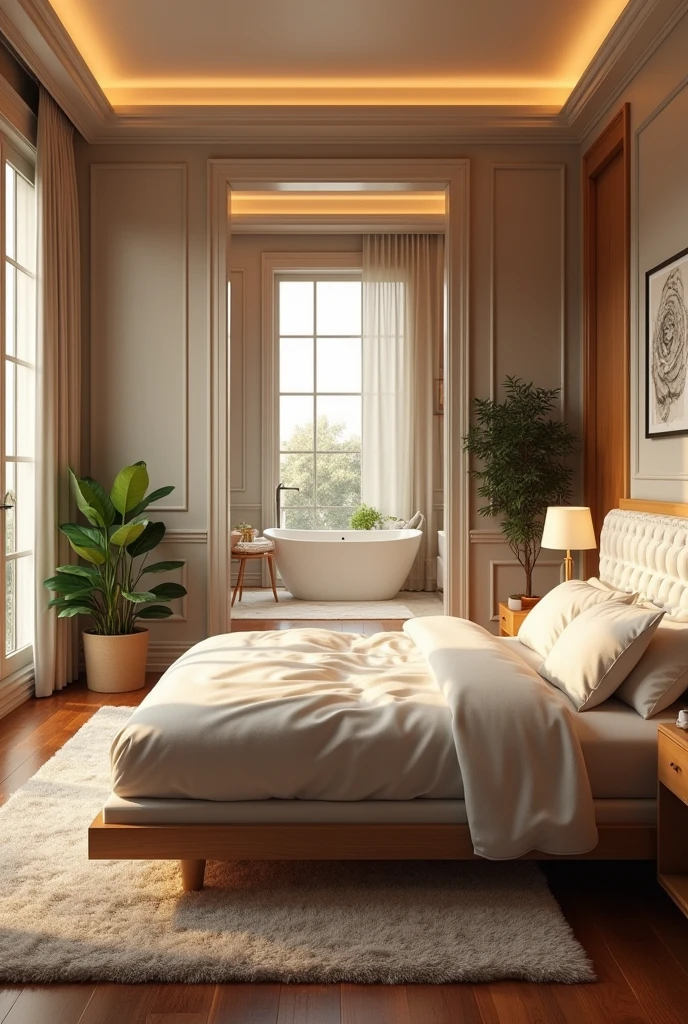 A bed is placed so that the headboard faces the bathroom.