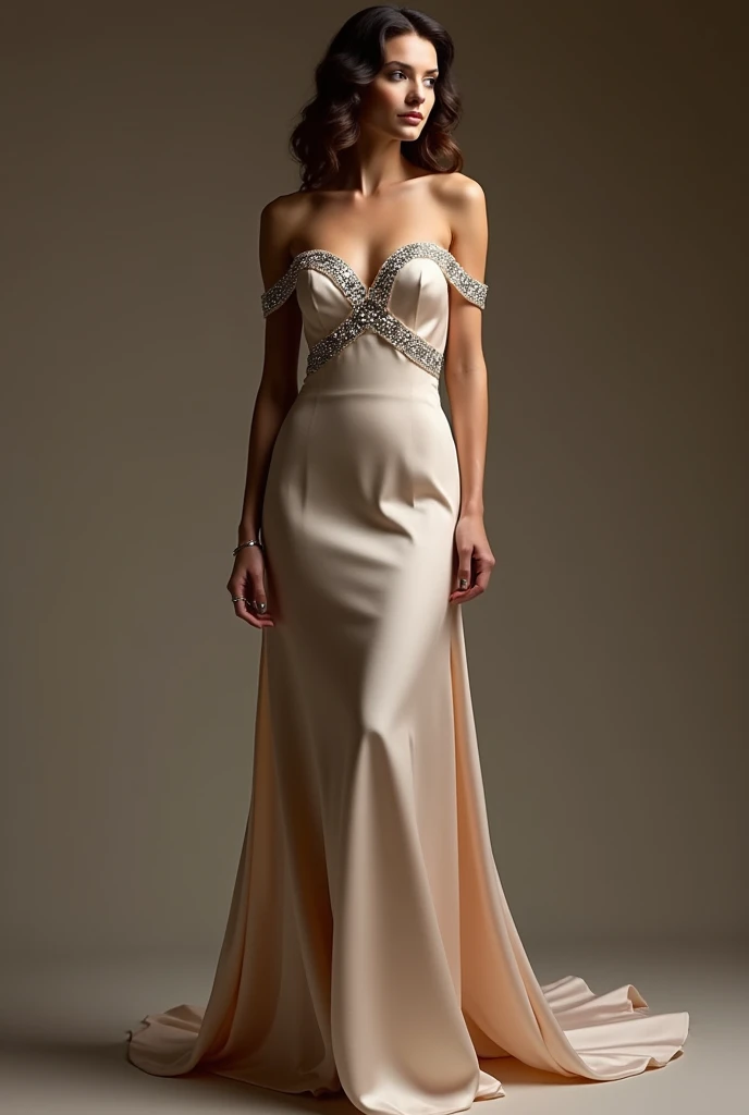 a dress that leaves shoulders bare, silk skin feito, waisted, in a long skirt, with rhinestone finishing on the neckline.