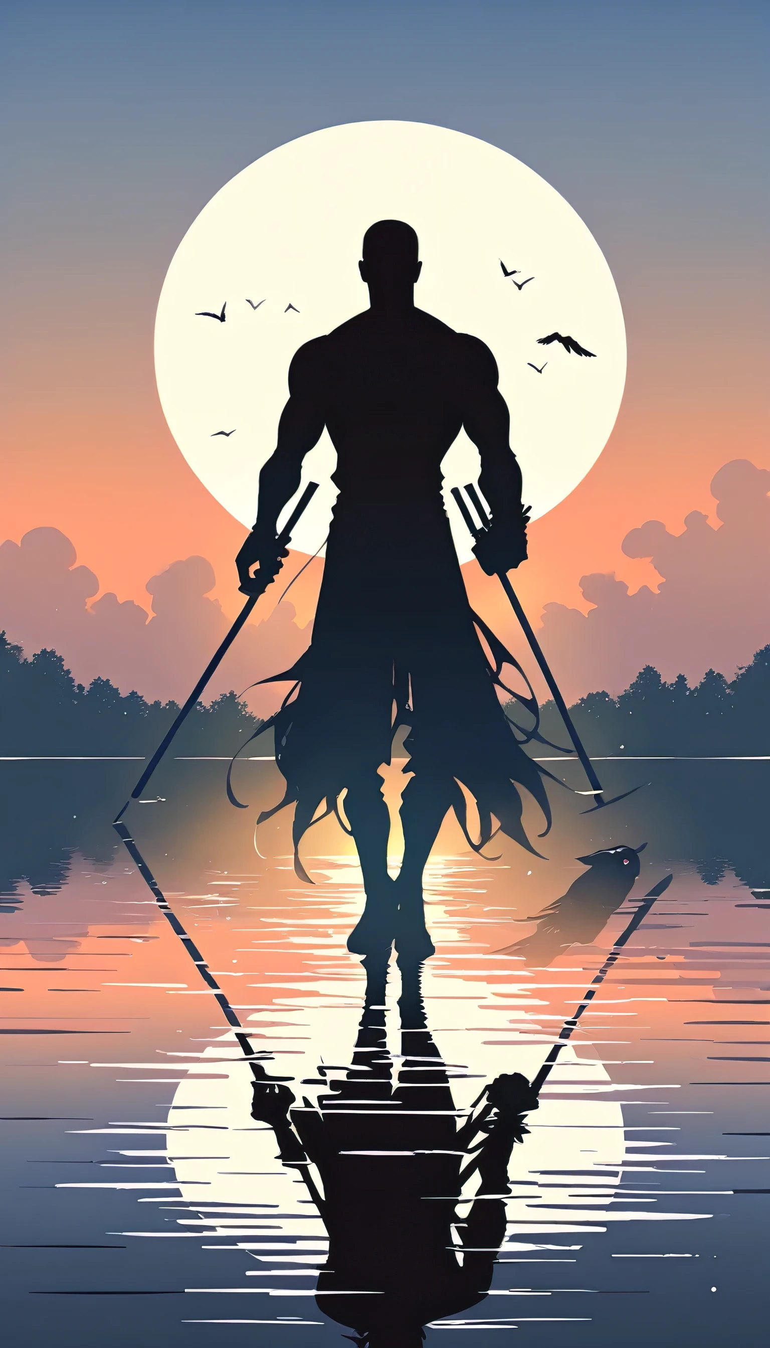 Two men in black leotards stand huddled in the smoke., Priapus, Dark Black, Dark black skin, Buzz Cut, His muscles are very developed, Very tall, short hair, Blend into the smoke, Lake, Reflection, Sunset, Sunset, Bird, plum bossom, Man silhouette, Chinese, black and white, Simple style