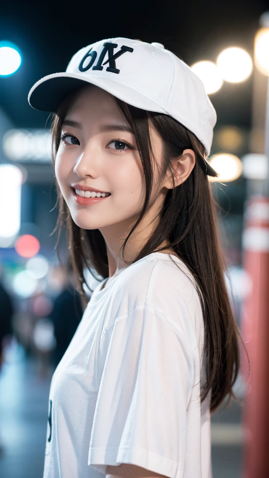 masterpiece, Highest quality, Highest quality, beautiful girl, Cute Face, 8k, Official Art, RAW Photos, When going out in the city during the hot season, please wear cool clothes., profile, Sports Cap, , Face Light, Film Grain, chromatic aberration, Sharp focus, Very happy smile, Show me your little teeth, Dynamic Lighting, Cinema Lighting, Photo of your face, Upward glance