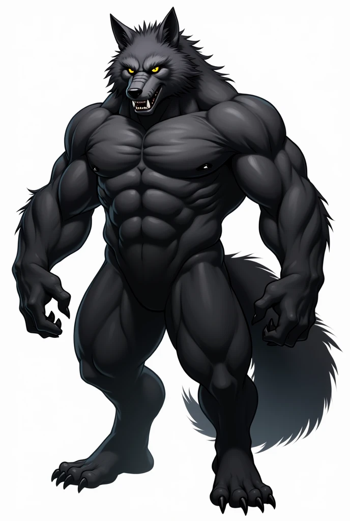 (head of'artwork, best quality), loup, Hanches larges, hyper cuisses, hyper cul, femboy, fourrure noire, yellow eyes, white background, on Asaneman, hyper muscular, hyper pectorals, posing