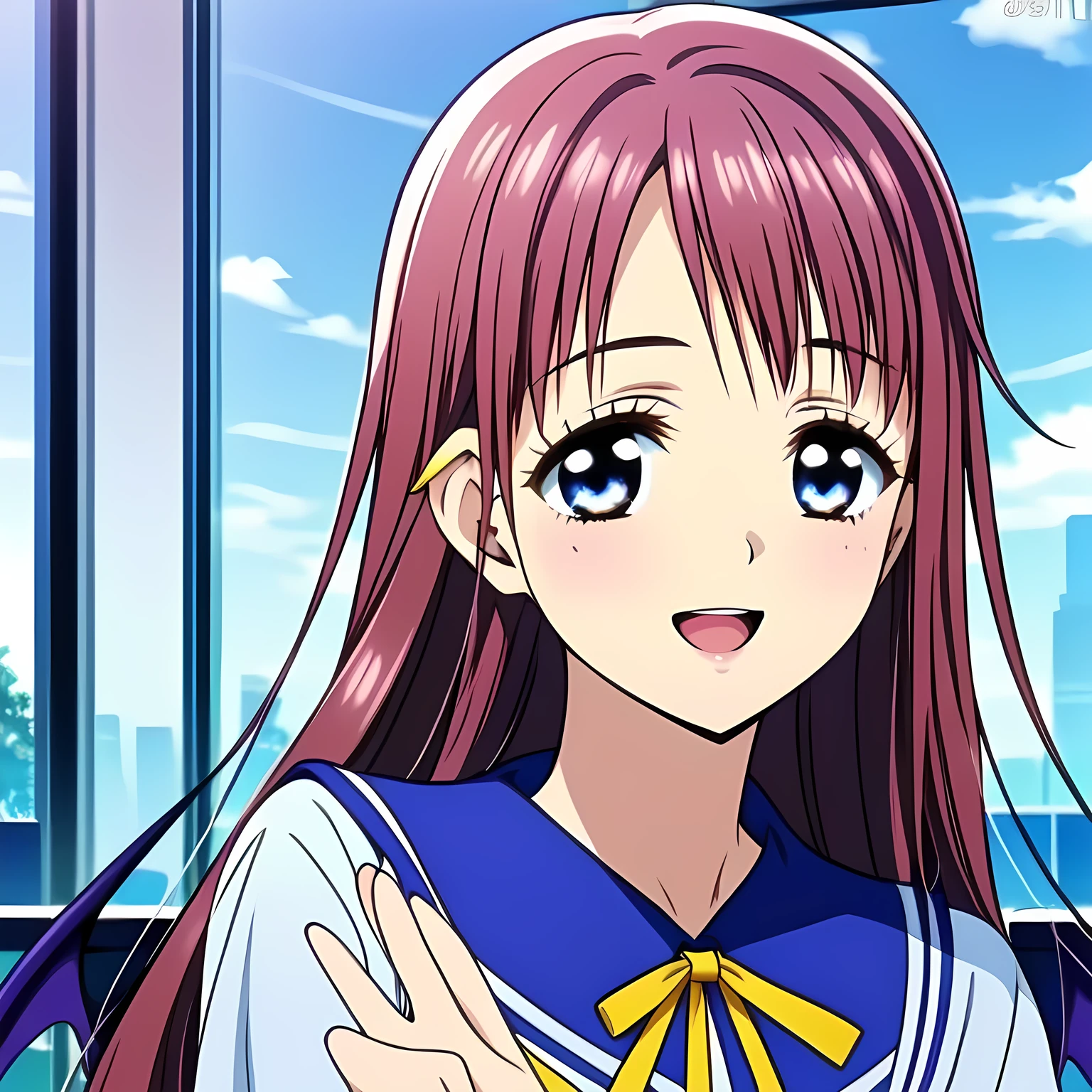 highest quality, (masterpiece:1.2), (A noble game heroine, beautiful noble heroine, Very detailed beautiful heroine's portrait of game CG, beautifully and artistically painted as cover of girl's magazine: 1.6), (A girl whom everyone loves because of her beauty and lovely fashion and graceful personality and noble manner. A refined and elegant look like a noble princess. : 1.4), (In fact she is a succubus, trying to charm, enslave and absorb me!: 1.0), (Very beautiful, wavy, cutely shining super-super-long blue hair, with elegant hair ribbons: 1.0), (Very beautiful and shining eyes with very long eyelashes which charms me inevitably as a succubus, with detailed very well: 1.6), (The elegant, slightly open mouth and glossy lips of an anime heroine: 1.0), (Noble neat dark-navy-blue sailor-styled school uniform, and neat elegant dark dark-navy-blue pleats skirt, with a big yellow noble ribbon on the chest: 1.2), (Laughing at me, but that gives a heavenly feeling of happiness with beautiful and great smiley noble face: 1.2), (The wind is blowing: 0.8)