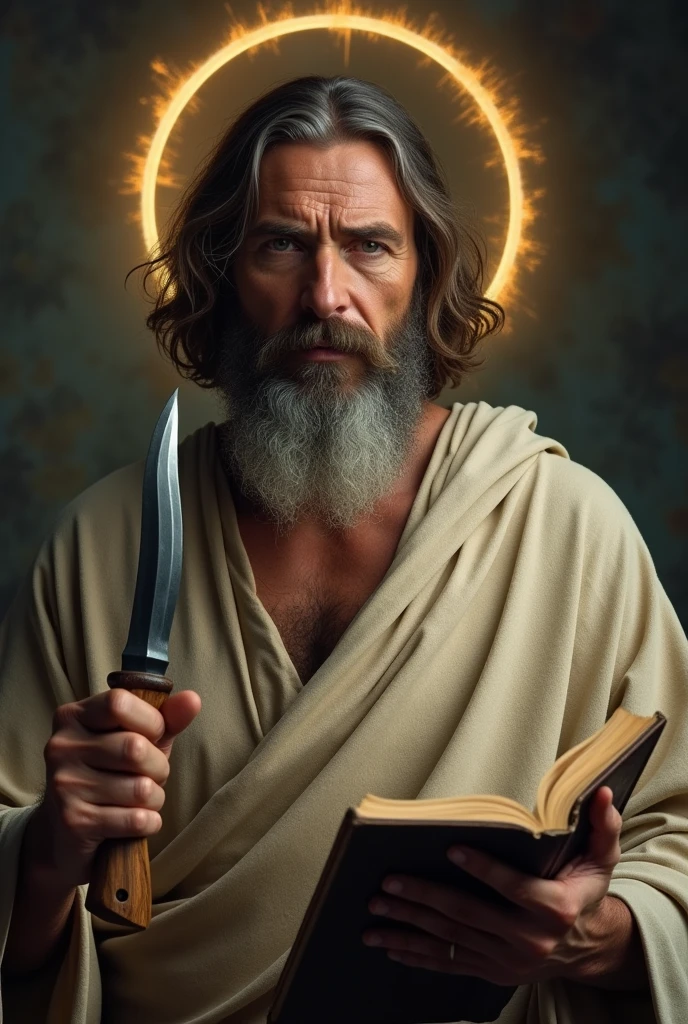 cinematic image, high resolution of a holy man with a beard, short brown and gray hair, wearing a tunic like Jesus&#39;, the tail of his tunic reaches his neck.Holds a knife with a curved blade in one hand, in another a holy book. The man has a halo. His face expresses pity