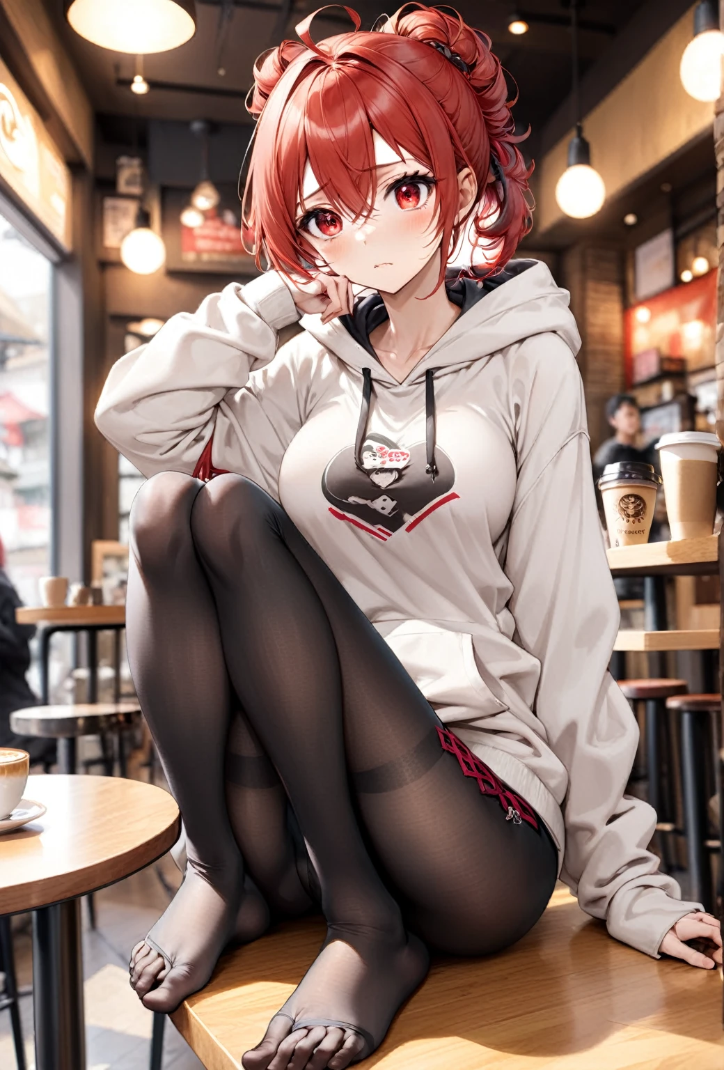 1 person, Redhead, Updo, He has hair growing in streaks on his face., Red eyes, mascara, Oversized hoodie, abdomen, hot pants, tights, laced tights, Sagging under the eyes, Sitting, coffee shop, Ground angle shot, Viewers looking up, feet in tights,  Saggy breasts, impact, RAW Photos, 8k, masterpiece,