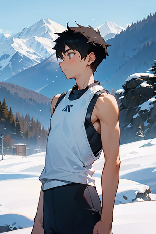Snowy mountains in the background、An elementary school boy standing wearing a tight white Y-back tank top