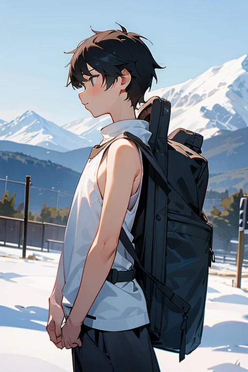 Snowy mountains in the background、An elementary school boy standing wearing a tight white Y-back tank top
