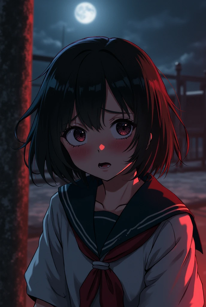Japanese female student crying ,HD,4K, Realistic,the night,full body angle, background merah grunge