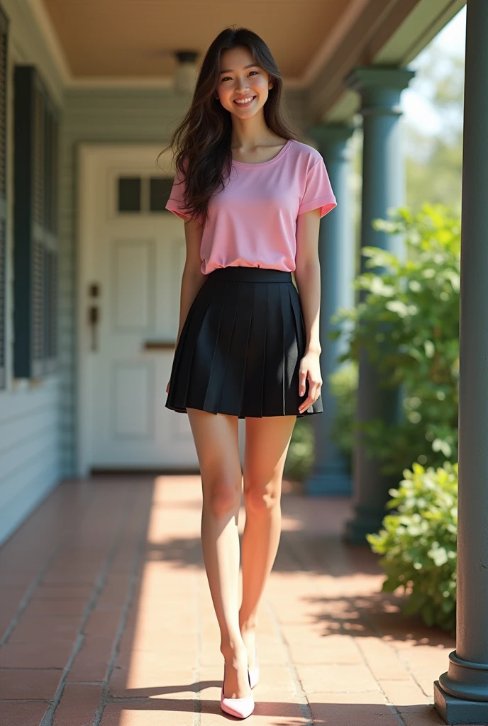 Photorealistic, young Asian woman, long brunette hair, wearing tight pink t-shirt, wearing black pleated cotton miniskirt, wearing soft pink high heels, smiling brightly, standing on front porch of a house, viewed from the front