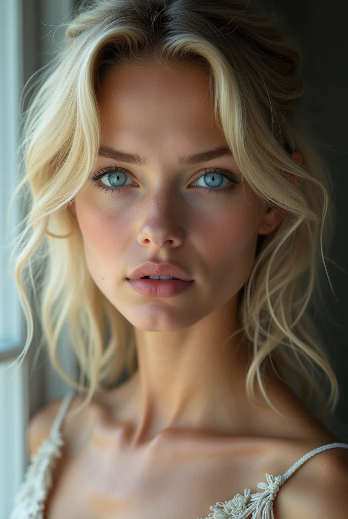 Blonde woman with blue eyes
