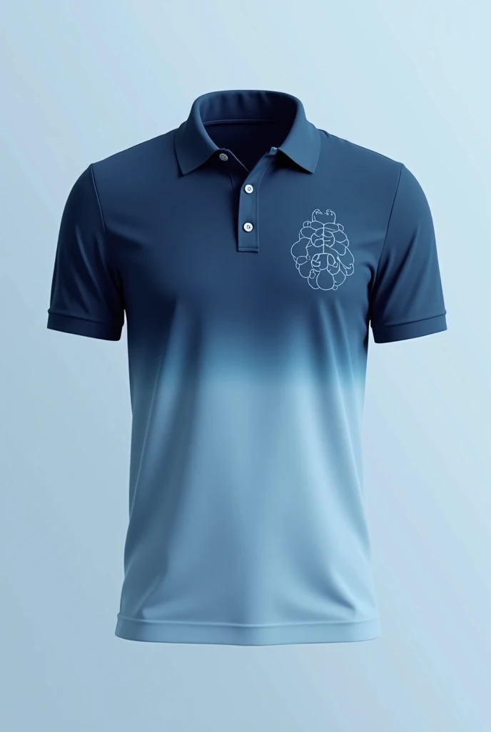 Create a mockup organization color gradient dark blue polo shirt and design it with some elements relating to science, example is Molecules or human organs.  The design should be just drawn in minimalist and ink color of design should be dark color of blue. And the both side of shirt should be blue gradient color. show the front and back of shirt 