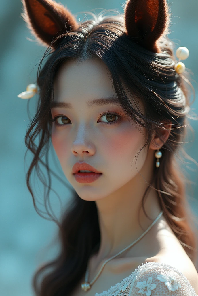 a highly detailed portrait of a beautiful girl with horse ears, (best quality,4k,8k,highres,masterpiece:1.2),ultra-detailed,(realistic,photorealistic,photo-realistic:1.37),intricate facial features, delicate skin, soft lighting, fantasy, magical, ethereal, whimsical, dreamy, vibrant colors, cinematic composition