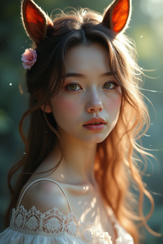 a highly detailed portrait of a beautiful girl with horse ears, (best quality,4k,8k,highres,masterpiece:1.2),ultra-detailed,(realistic,photorealistic,photo-realistic:1.37),intricate facial features, delicate skin, soft lighting, fantasy, magical, ethereal, whimsical, dreamy, vibrant colors, cinematic composition