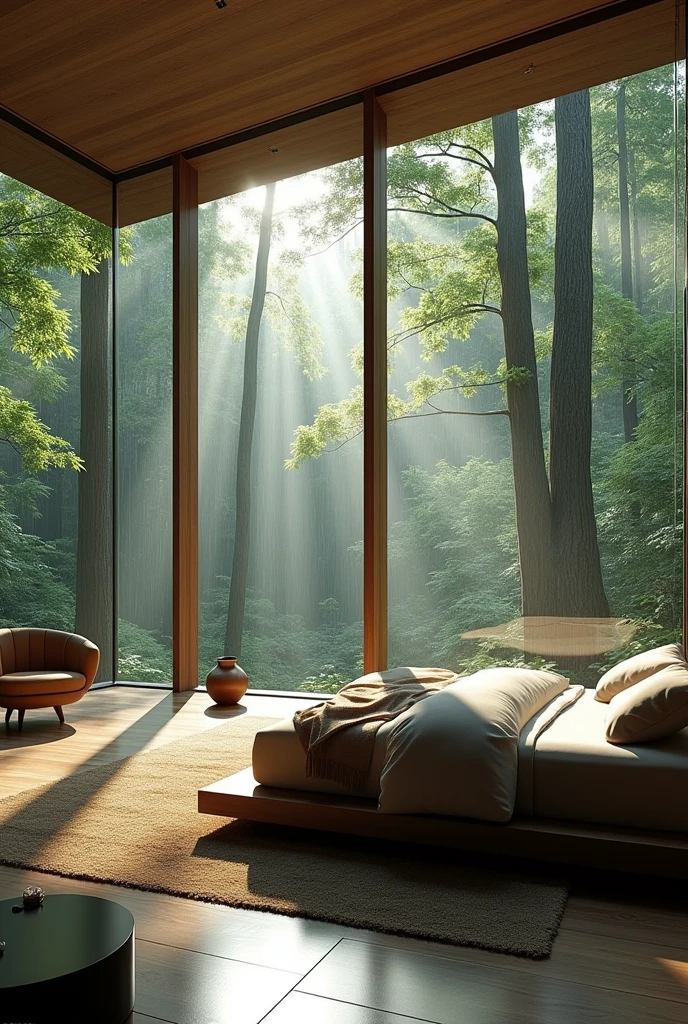A modern big bedroom outside raining in forest hill