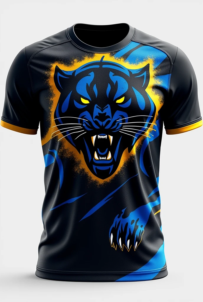 Volleyball jersey in black colour design with golden colour and Panther in Brinjal add some blue colour design