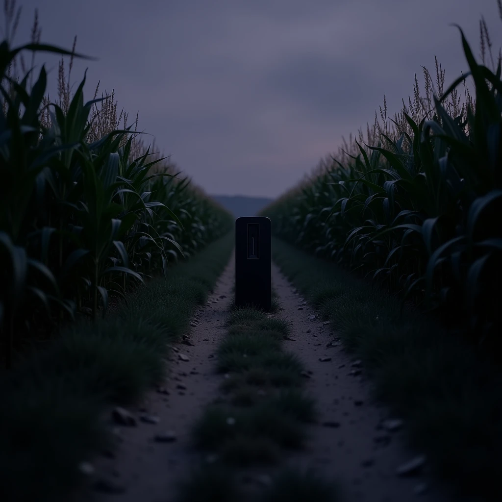 A high-quality image of a narrow dirt path cutting through tall, dense stalks of corn at dusk. The sky is a deepening shade of purple, creating a mysterious and eerie atmosphere. In the middle of the path, there is a modern black portable speaker standing upright, slightly illuminated by the fading light. The speaker contrasts with the natural surroundings, adding a surreal and unsettling touch to the scene. The overall atmosphere is quiet, with an eerie stillness, capturing the essence of liminal spaces.