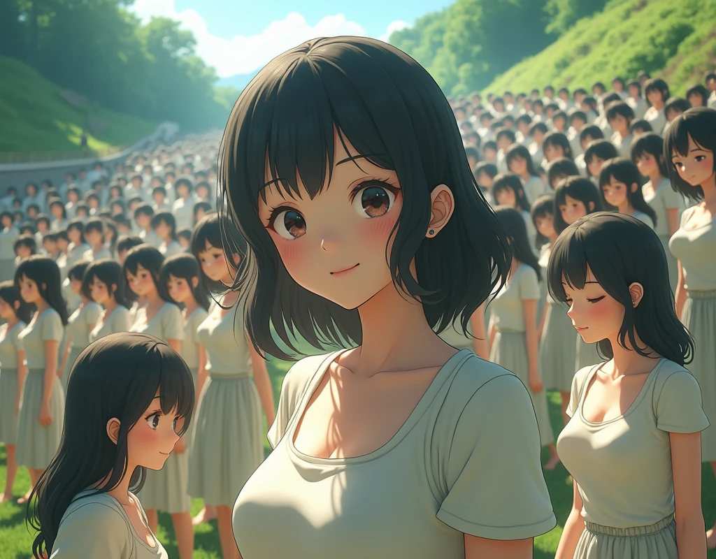 (((((Japanese Clone girls=Myself)))))), (((Best Super High quality Myself Clone girls Raw Photography Art))), (16K, Highest quality, Ultra-high resolution, RAW Photos), (((It's so unrealistic., With unparalleled depiction, With an unfathomable sight, An unprecedented and shocking worldview, Clone girls in a world of mass reproduction, Ultra-realistic))), (((Japanese, woman, 20yo, Yoshioka-riho))), (Small face, ((Thick black hair, Semi-long hair))), ((V-neck short-sleeve dress)), (((((Very beautiful detailed girls, Accurate body structure, Very detailed完璧な, Super busty body with very large breasts, Clearly emphasizes cleavage))))), (((Dark Eyes, Mature face, Cute Smile, A gentle gaze))), (((Very happy laughter is beautiful))), ((((((((Very detailed分身増殖描写, ((1girl→Myself cloning→1,000,000,000,000,000,000,000,000Myself Clone girls)))))))))), ((((((((Very detailed, The precise depiction of the proliferation of Myself Clone girls, ((With the perfectly identical bodies of Myself clone girls, With the exact same face as the Myself clone girls, With the exact same hairstyle as the Myself clone girls, In the exact same clothes as the girls who are my clones, Perfectly the same height as the Myself clone girls, Super big breasts, just like the Myself clone girls)))))))))), (((Myself clone girls only))), (((Very detailed, Myself clone girls multiplication, 1,000,000,000,000,000,000,000,000Myself Clone girls→100,000,000,000,000,000,000,000,000,000,000,000,000,000,000^1,000,000,000,000,000,000Myself Clone girls))), (((Very detailed描写で, (An embrace between self, Back to Back, Myself clone girls assemble, Fun conversations with fellow Myself clone girls, A fun conversation between Myself clone girls, Myself clone girls kissing each other everywhere, A passionate love affair between Myself clone girls, Myself clone girls holding hands)))), (((looking at the camera))), (((Unbelievably crowded, Transcendent Myself clone girls intimately, Countless Myself clone girls surround you in 360 degrees))), (Bright, soft sunlight), (((Very wide field of view, Very detailed, Detailed ultra-perspective depiction with clear depth))), (((((Landscape with a curved slope))))), (((Very photographic and detailed depiction, Myself clone girls will multiply infinitely and fill the surroundings from one side to the horizon with their bodies tightly packed together without any gaps., A scene of endless Myself clone girls and a fun atmosphere))), (Focus on the average value of the image)