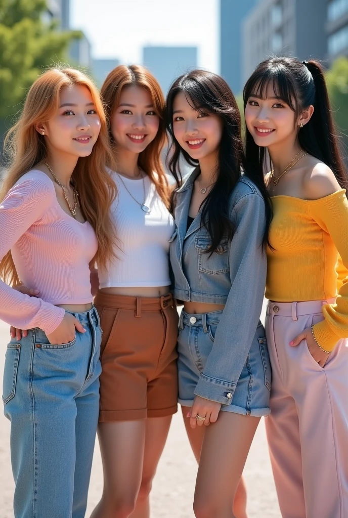 4 young female kpop idols are outside (1 person with long, slightly red blonde hair and has English facial features,and American Europe and have a tall body,blue eyes) (black hair in a ponytail) (one person with short black hair shoulder length and bangs). (full body photo)they face the camera while posing very happily