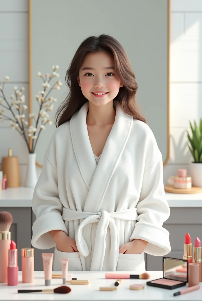 products makeup for  girls  girls with white bathrobe hyperrealistic




