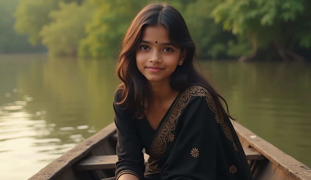 A beautiful environment in an old village in Sri Lanka, A girl (15 years), beautiful, and cute, high facial expression, in happy mood under the tree near the lake