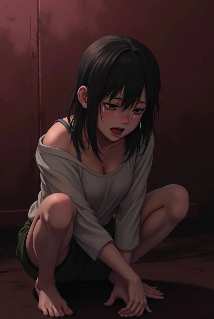 Japanese woman crying ,HD,4K, Realistic,the night,full body angle, background merah grunge