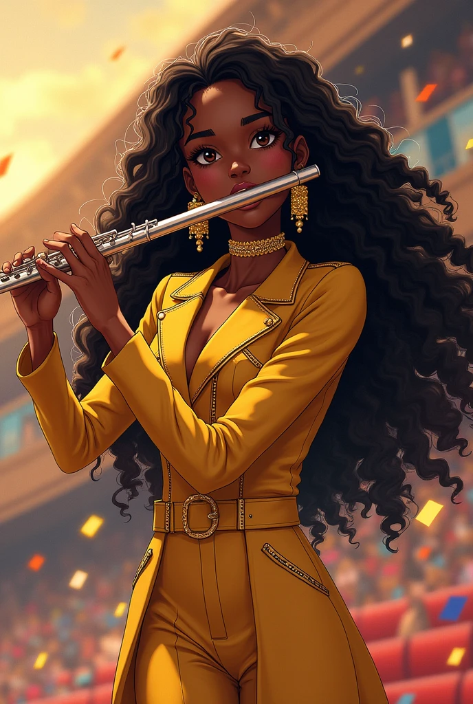 Black anime girl with locs and wearing a gold high school uniform with earrings using body gestures playing the flute