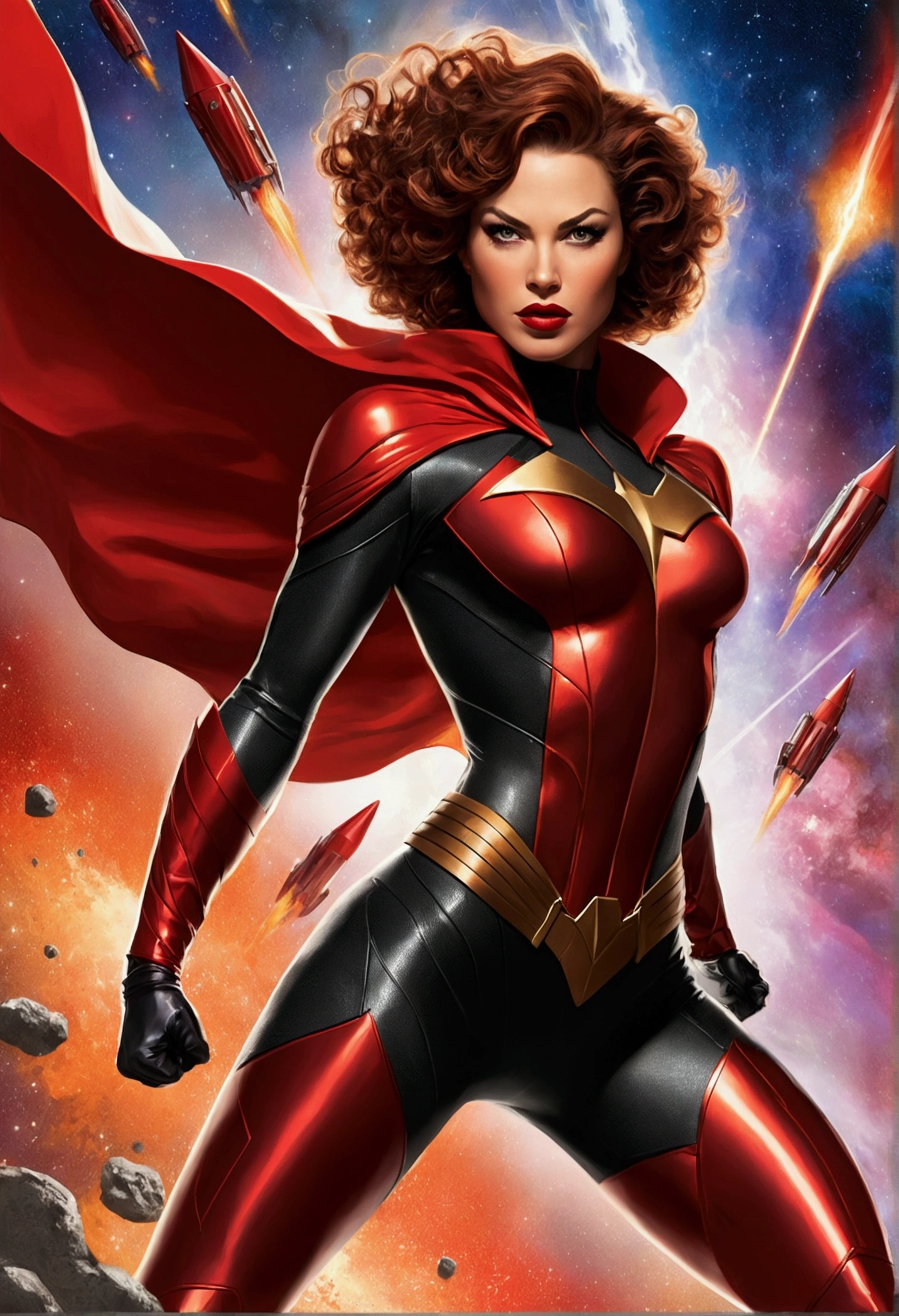A Julie Bell-inspired digital illustration with a hyper-realistic yet painterly comic book style, depicting a powerful superheroine in mid-action. The central figure is a muscular and athletic woman, her physique both defined and fierce. She is adorned in a red and black superhero suit, with a tattered red cape flowing behind her. Her costume includes a form-fitting cutout bodysuit with intricate red accents and a high collar, while she dons red gloves and thigh-high boots. Her short, curly brown hair is tousled by the wind, and her striking red lipstick adds a bold contrast to her intense expression.She sits atop a futuristic, sleek rocket ship with her legs wide open, exuding confidence and control. The rocket’s metallic surface gleams under the light of a distant galaxy, its pointed nose cutting through the cosmos. The rear of the rocket emits a bright, fiery explosion, casting intense orange and yellow flames into the void. The explosion is depicted with meticulous detail, each ember and wisp of smoke contributing to the chaotic energy of the scene.The background is a deep, starry expanse, with distant nebulae and celestial bodies adding depth and mystery. The superheroine’s pose is one of unyielding strength and determination, her presence commanding the scene with an almost primal power. The composition is bold and dramatic, capturing the essence of epic heroism and the untamed spirit of adventure, reminiscent of Julie Bell’s iconic fantasy art.