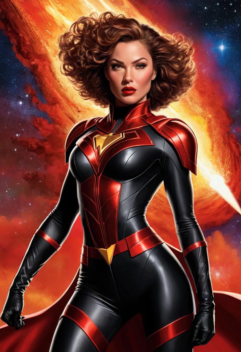 A Julie Bell-inspired digital illustration with a hyper-realistic yet painterly comic book style, depicting a powerful superheroine in mid-action. The central figure is a muscular and athletic woman, her physique both defined and fierce. She is adorned in a red and black superhero suit, with a tattered red cape flowing behind her. Her costume includes a form-fitting cutout bodysuit with intricate red accents and a high collar, while she dons red gloves and thigh-high boots. Her short, curly brown hair is tousled by the wind, and her striking red lipstick adds a bold contrast to her intense expression.She sits atop a futuristic, sleek rocket ship with her legs wide open, exuding confidence and control. The rocket’s metallic surface gleams under the light of a distant galaxy, its pointed nose cutting through the cosmos. The rear of the rocket emits a bright, fiery explosion, casting intense orange and yellow flames into the void. The explosion is depicted with meticulous detail, each ember and wisp of smoke contributing to the chaotic energy of the scene.The background is a deep, starry expanse, with distant nebulae and celestial bodies adding depth and mystery. The superheroine’s pose is one of unyielding strength and determination, her presence commanding the scene with an almost primal power. The composition is bold and dramatic, capturing the essence of epic heroism and the untamed spirit of adventure, reminiscent of Julie Bell’s iconic fantasy art.