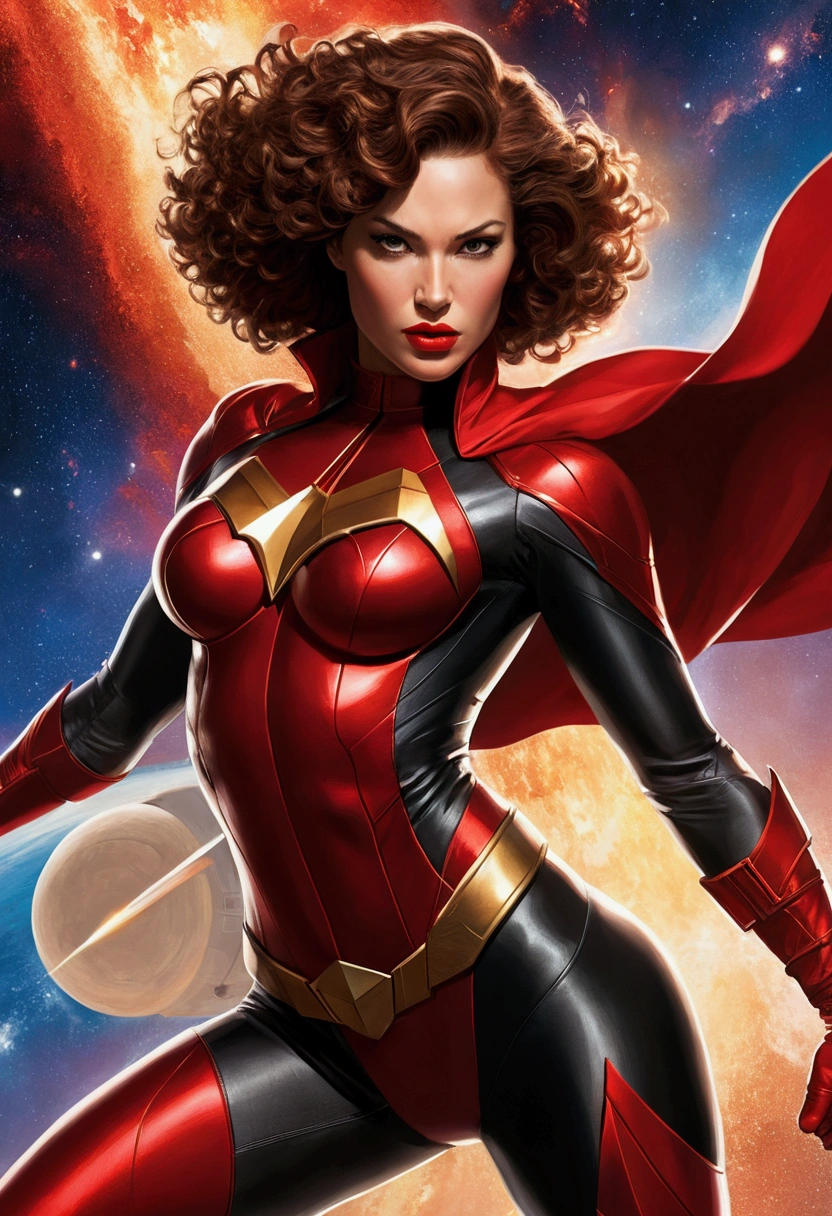 A Julie Bell-inspired digital illustration with a hyper-realistic yet painterly comic book style, depicting a powerful superheroine in mid-action. The central figure is a muscular and athletic woman, her physique both defined and fierce. She is adorned in a red and black superhero suit, with a tattered red cape flowing behind her. Her costume includes a form-fitting cutout bodysuit with intricate red accents and a high collar, while she dons red gloves and thigh-high boots. Her short, curly brown hair is tousled by the wind, and her striking red lipstick adds a bold contrast to her intense expression.She sits atop a futuristic, sleek rocket ship with her legs wide open, exuding confidence and control. The rocket’s metallic surface gleams under the light of a distant galaxy, its pointed nose cutting through the cosmos. The rear of the rocket emits a bright, fiery explosion, casting intense orange and yellow flames into the void. The explosion is depicted with meticulous detail, each ember and wisp of smoke contributing to the chaotic energy of the scene.The background is a deep, starry expanse, with distant nebulae and celestial bodies adding depth and mystery. The superheroine’s pose is one of unyielding strength and determination, her presence commanding the scene with an almost primal power. The composition is bold and dramatic, capturing the essence of epic heroism and the untamed spirit of adventure, reminiscent of Julie Bell’s iconic fantasy art.