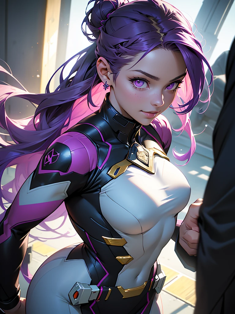 a girl in a hero costume, long flowing purple hair, purple-pink eyes, futuristic tight suit, dark purple and black suit, girl smiling, academy in the background, field for training heroes, other classmates in the background, MHA, beautiful cheerful girl, gold hairpins in her hair, wavy silky hair, pale porcelain skin, (best quality,4k,8k,highres,masterpiece:1.2),ultra-detailed,(realistic,photorealistic,photo-realistic:1.37),intricate details,cinematic lighting,vibrant colors,dynamic composition,dramatic shadows,volumetric fog,ornate ornaments,glowing energy effects,advanced. The girl is calm. Full-length. High detail. Well-developed detailing of the face. Attention to detail. Very beautiful girl. Slender figure. Hair is gathered into a neat bun at the back of the head, with gold hairpins.Adult girl. Hair gathered in a bun at the back of the head. Gathered hair. Full-length. (Do not emphasize the chest) The tits is medium. Not a baby face